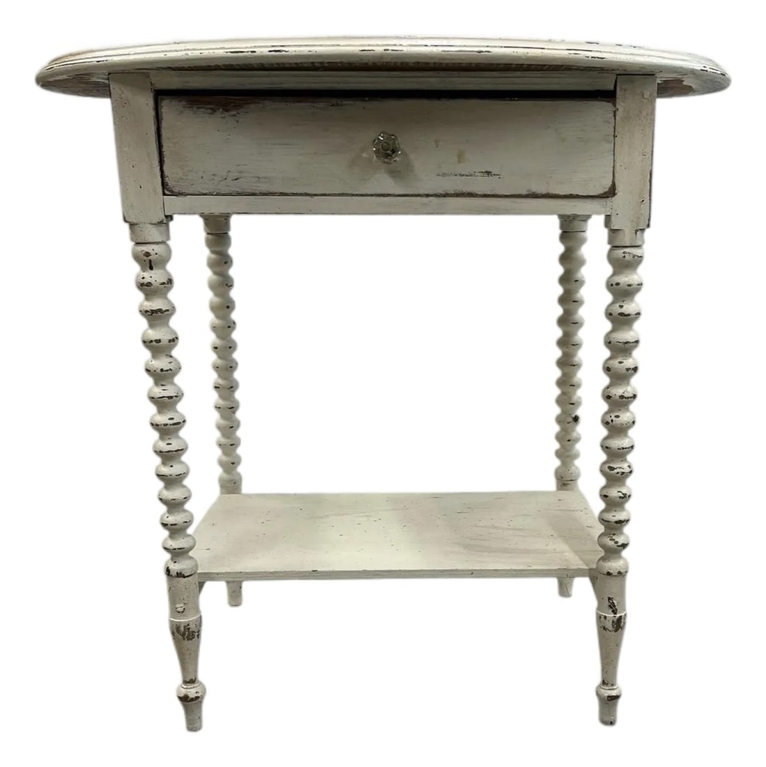 Antique Hand Painted Mahogany Farmhouse Style Oval Spool Bobbin Leg One Drawer Two Tier Side Table (1 of 8)