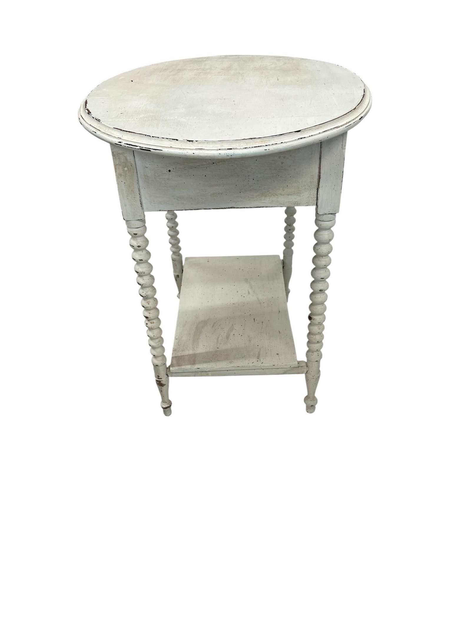 Antique Hand Painted Mahogany Farmhouse Style Oval Spool Bobbin Leg One Drawer Two Tier Side Table - 3