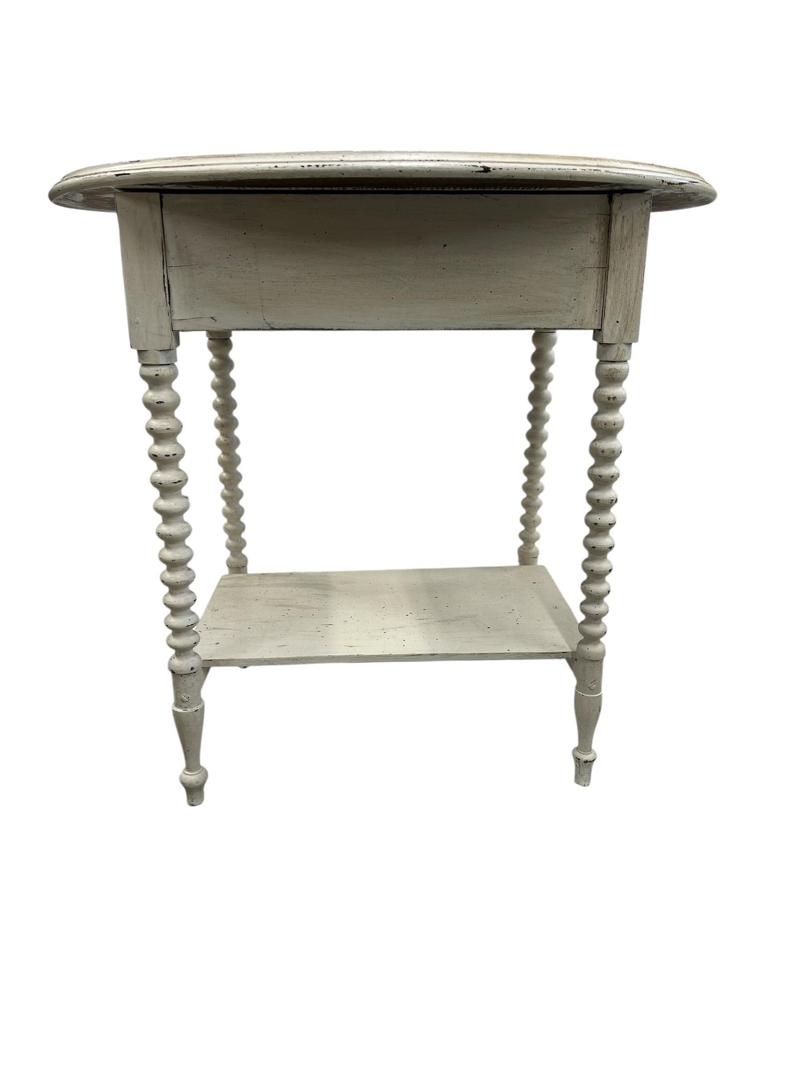 Antique Hand Painted Mahogany Farmhouse Style Oval Spool Bobbin Leg One Drawer Two Tier Side Table - 5