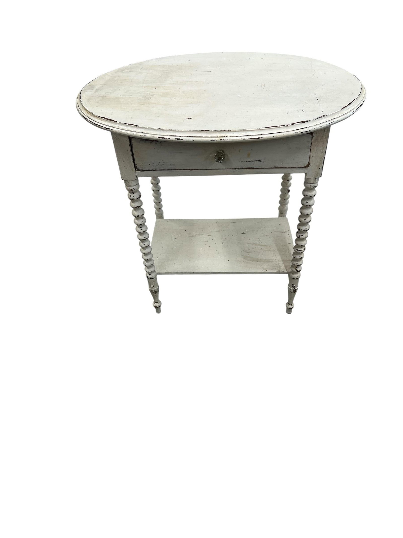 Antique Hand Painted Mahogany Farmhouse Style Oval Spool Bobbin Leg One Drawer Two Tier Side Table - 7