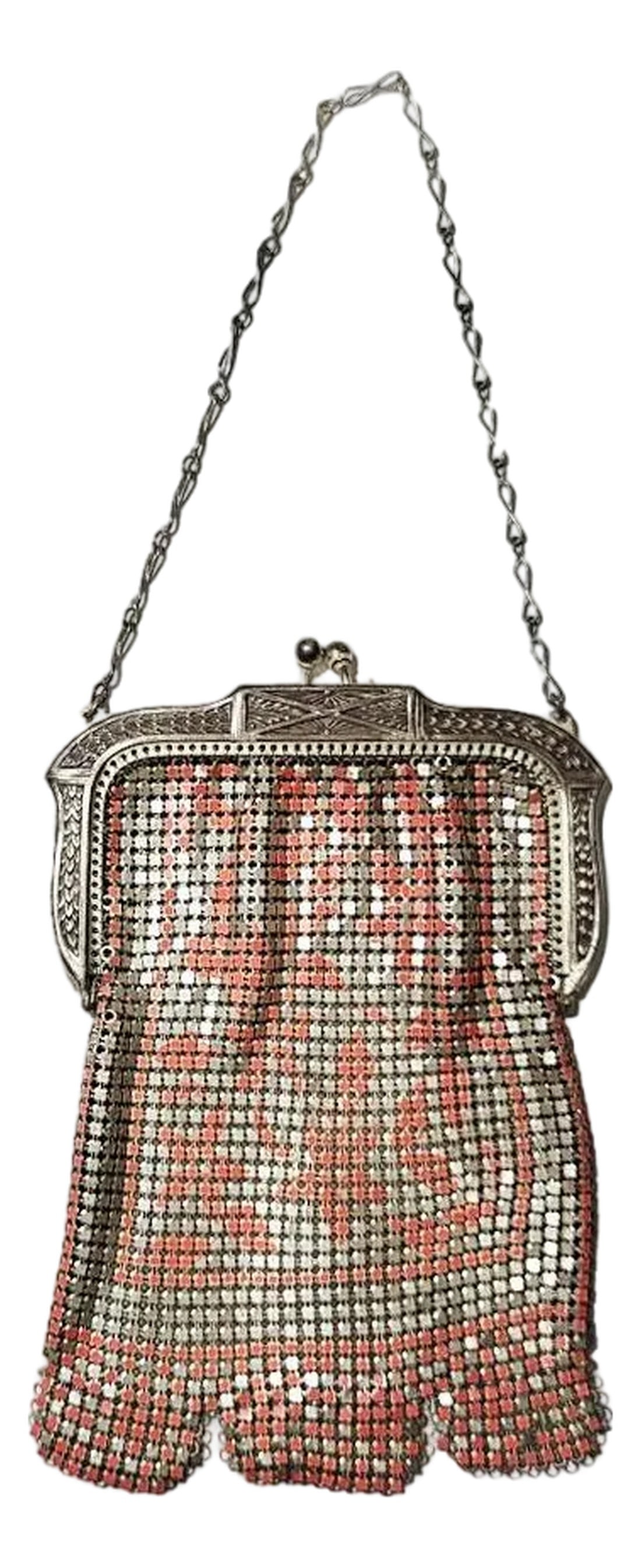 Whiting & Davis Mesh Purse Silver Detailed Filigree Frame - Art Deco Flapper Era: 1920's At Deco Flapper mesh purse. It features a kiss-lock clasp and a distinctive "Vandyke" bottom edge. Pristine condition. There are several more in my shop from this collection. Measurements: 5