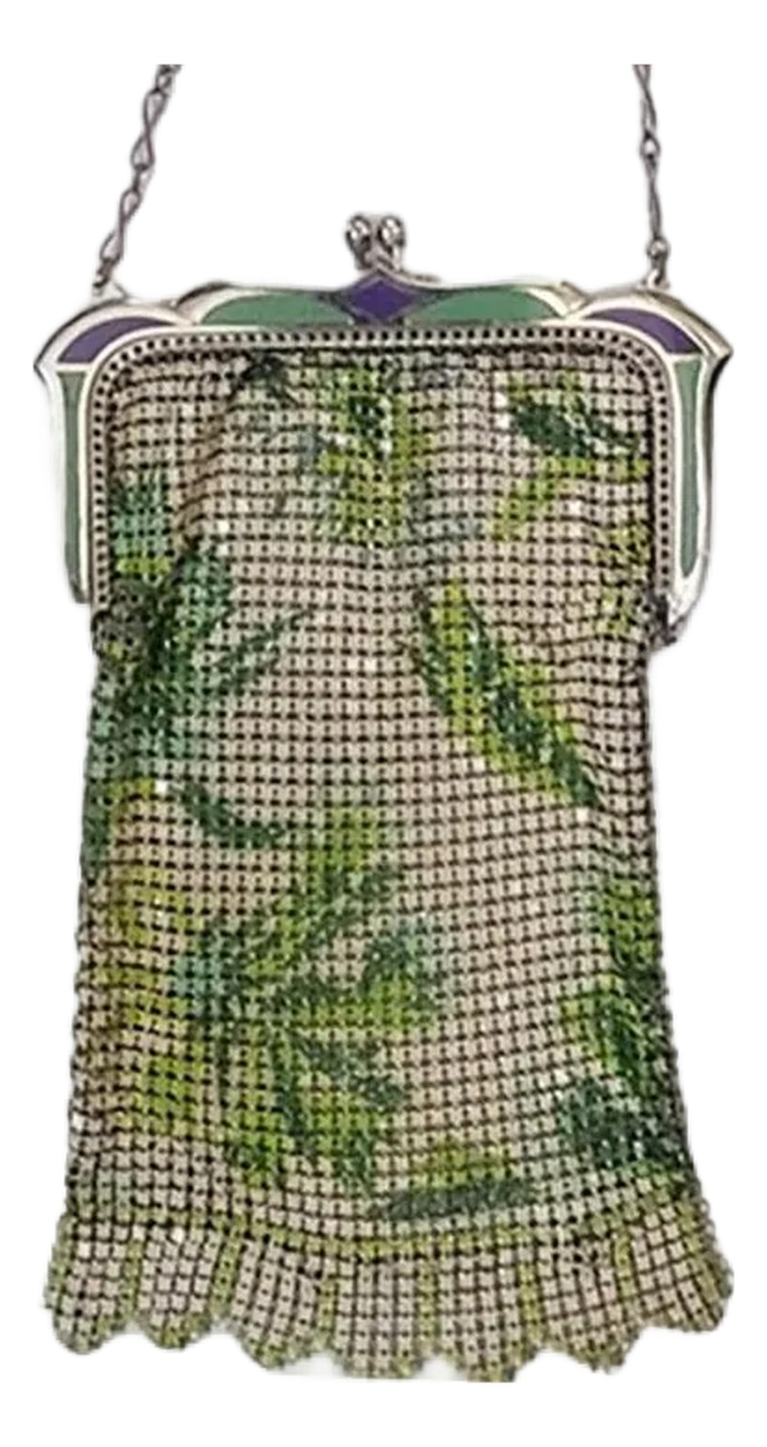 Whiting & Davis Mesh Purse Enamel Frame - Art Deco Flapper Era: 1920's At Deco Flapper mesh purse. It features a kiss-lock clasp and a distinctive "Vandyke" bottom edge. The enamel frame is stunning! Pristine condition. There are several more in my shop from this