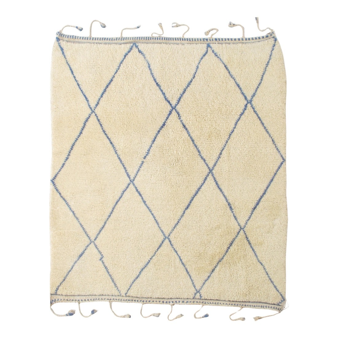 Vintage Hand-Knotted Moroccan Rug Diamond Lattice Design 5'5" X 6': Vintage Hand-knotted Moroccan Beni Ourain rug featuring a classic diamond lattice pattern rendered in soft blue over an ivory field. The plush, high-pile wool creates a luxurious texture, while the si