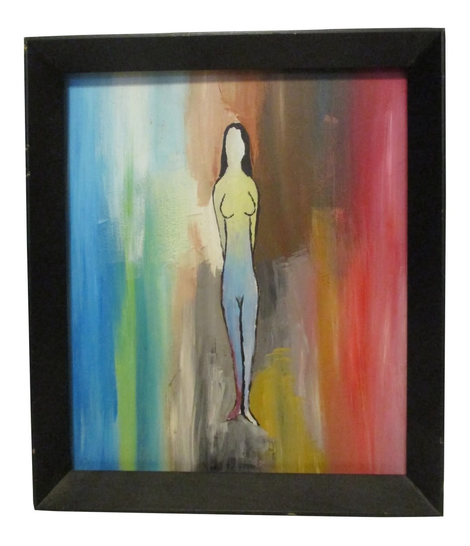 Mid 20th Century Expressionist Style Figurative Acrylic Painting, Framed: Vintage Mid-Century Modern Acrylic Painting on Board White Woman Figure on Multicolor Background Art measures approximately 14.00" x 12.00" Overall measures 14.50" x 12.50" Size: 14 x 12 Handmade: Yes