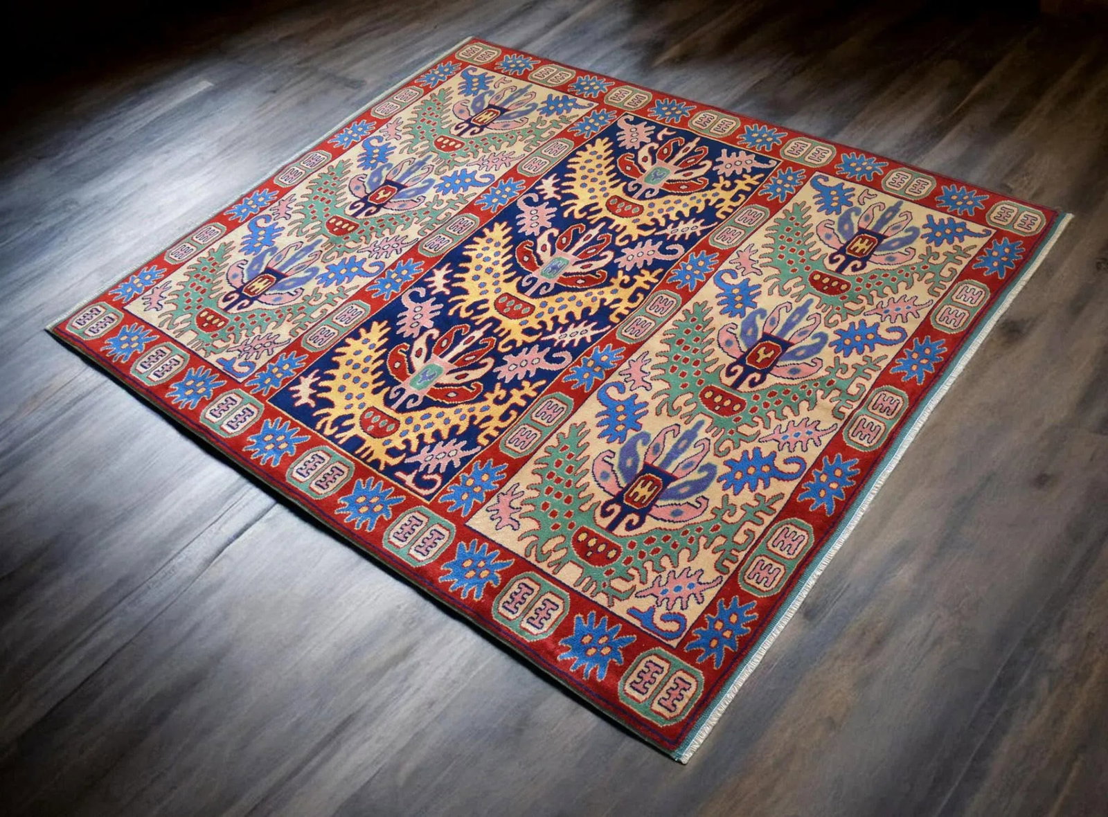 1990s Turkish Oushak Hand-Knotted Wool Rug, Navy/Mint, 6'3" × 7'8" - 2