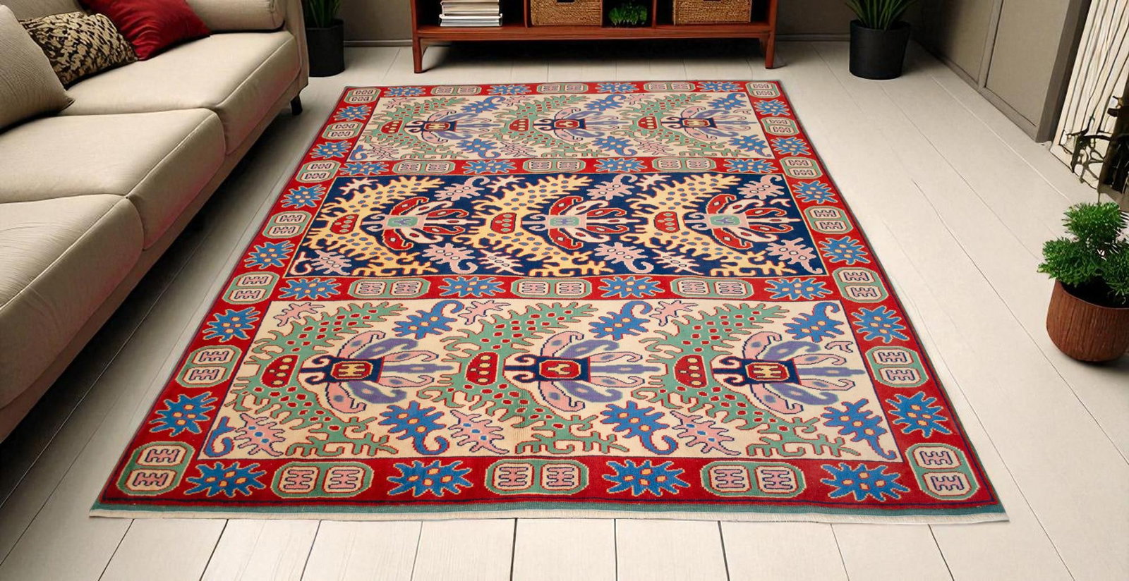 1990s Turkish Oushak Hand-Knotted Wool Rug, Navy/Mint, 6'3" × 7'8" - 3