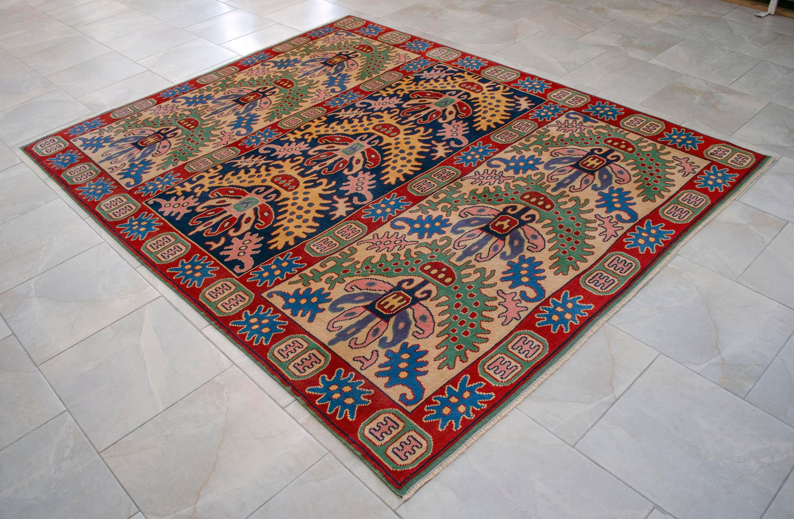 1990s Turkish Oushak Hand-Knotted Wool Rug, Navy/Mint, 6'3" × 7'8" - 5