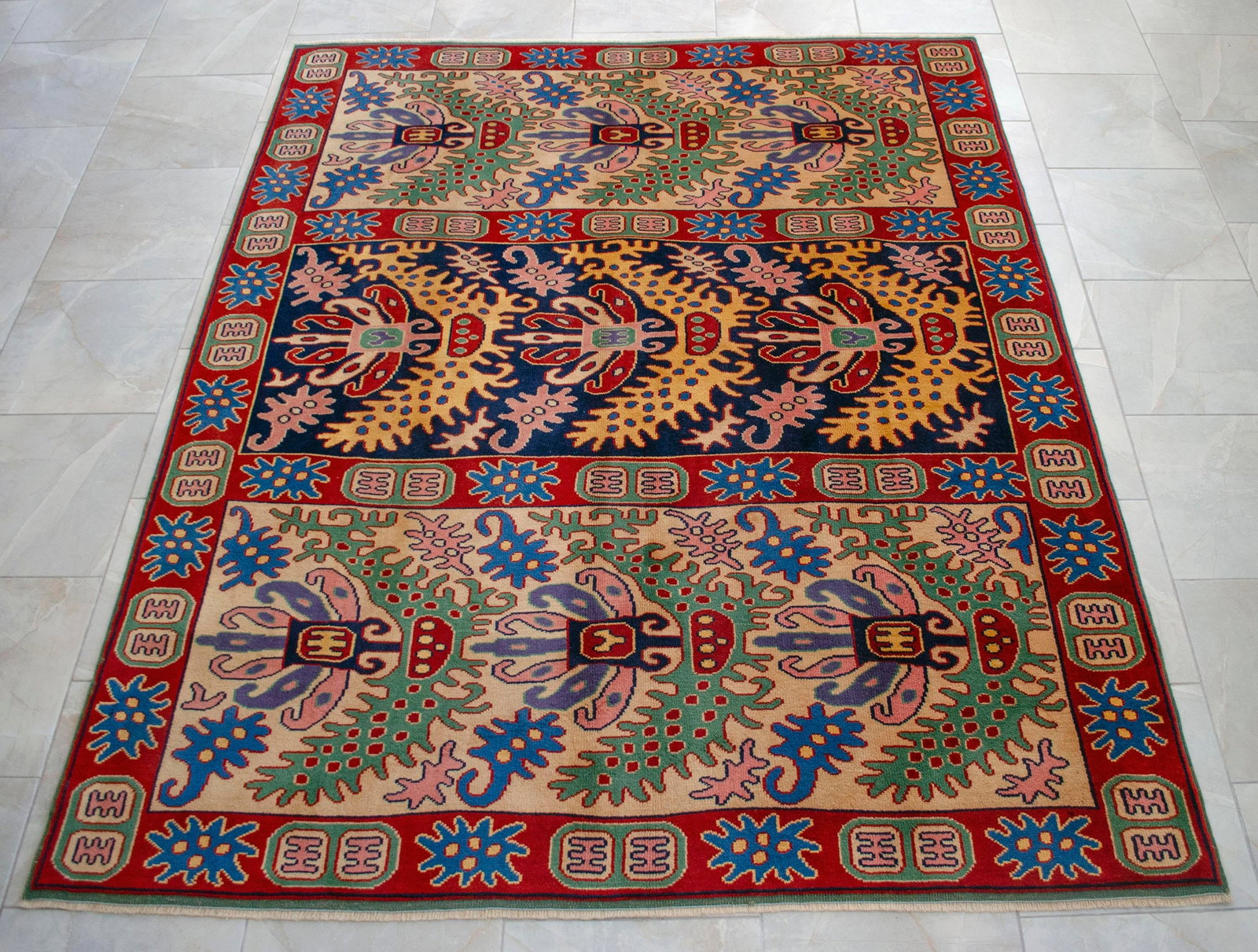 1990s Turkish Oushak Hand-Knotted Wool Rug, Navy/Mint, 6'3" × 7'8" - 7