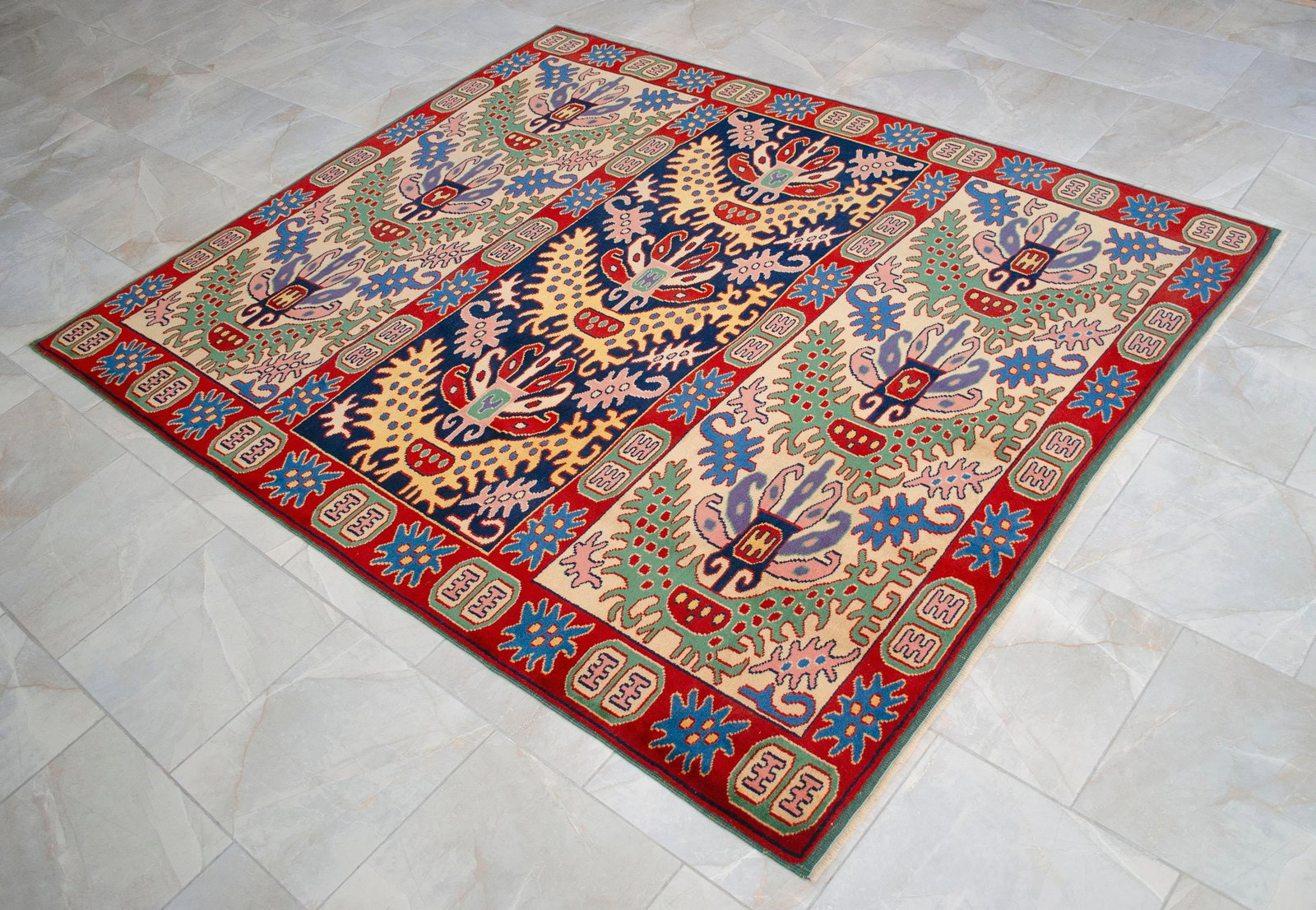 1990s Turkish Oushak Hand-Knotted Wool Rug, Navy/Mint, 6'3" × 7'8" - 8