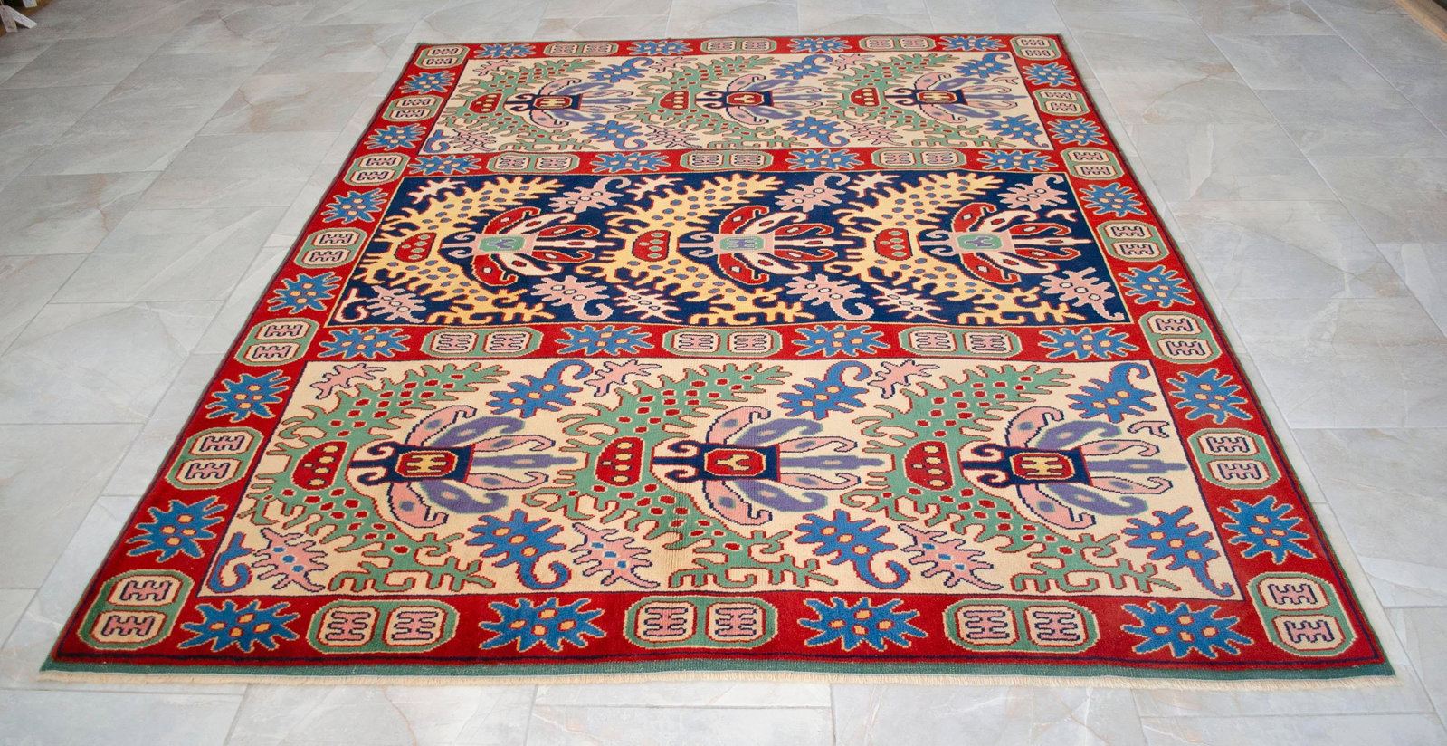 1990s Turkish Oushak Hand-Knotted Wool Rug, Navy/Mint, 6'3" × 7'8" - 9