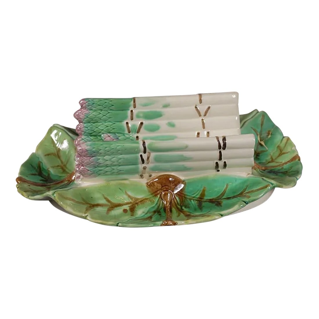 French 19th Century Longchamp Majolica Asparagus Tray with Foliage Platter: A French Longchamp Terre de Fer Majolica asparagus tray from the 19th century, with green, purple, brown and white tones. Created in France during the 19th century, this Majolica Terre de Fer tray