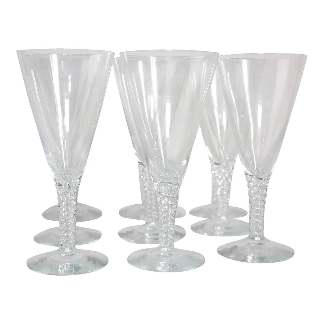 1960s Holmegaard Twist Pattern Stemware Water Glasses- Set of 9: Chic set of 9 Mid Century wine, or water stemware goblets, by Holmegaard. Classic, and sought after "Twist" pattern, all nine are in perfect condition, clean and ready to display and use. 7" H x 3" Di