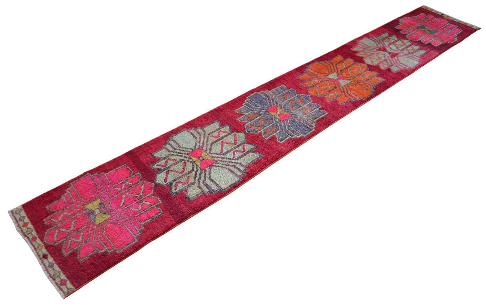1970s Colorful Hand-Knotted Distressed Turkish Runner - 6