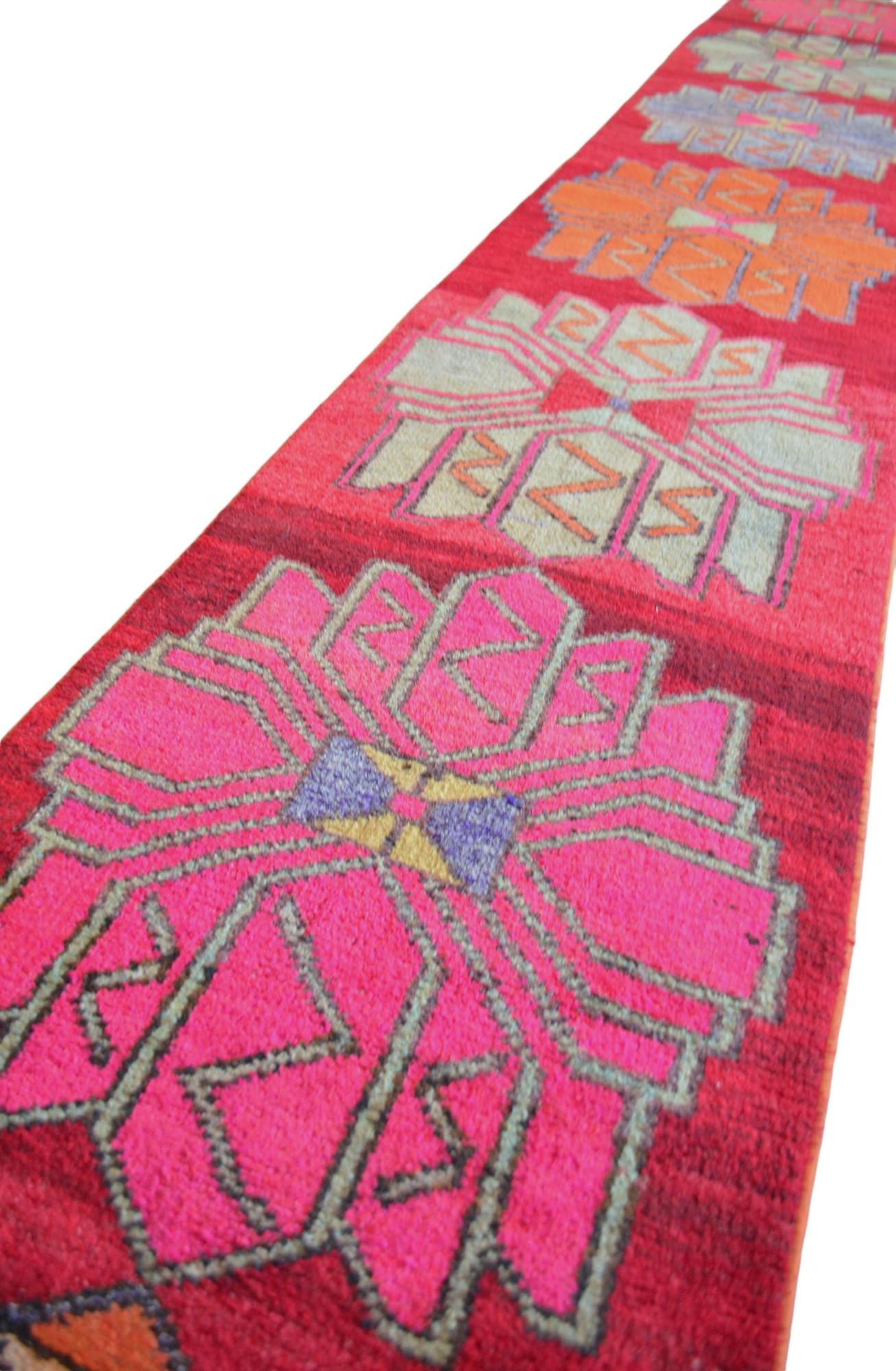 1970s Colorful Hand-Knotted Distressed Turkish Runner - 8
