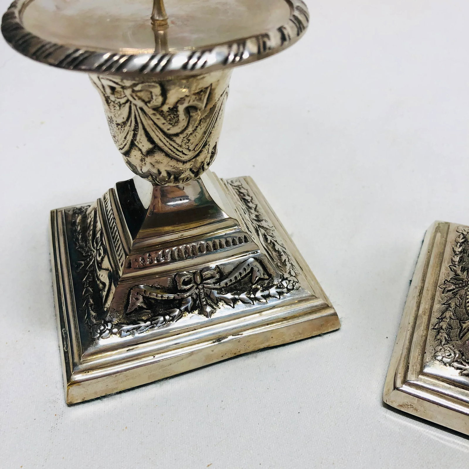 Silverplated Candlesticks Decorated With Swags and Bows - a Pair - 4
