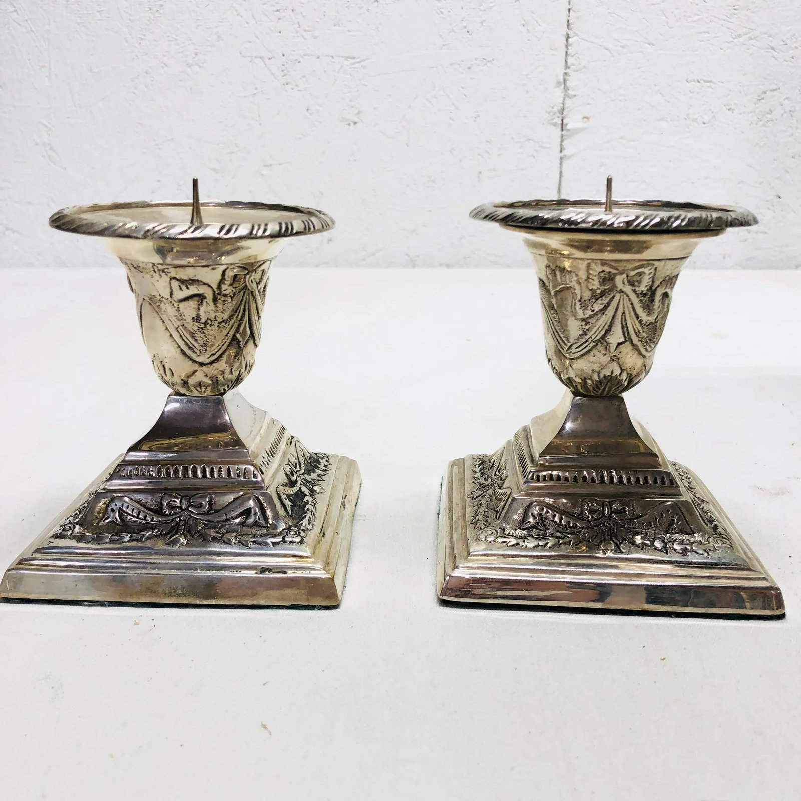 Silverplated Candlesticks Decorated With Swags and Bows - a Pair - 9