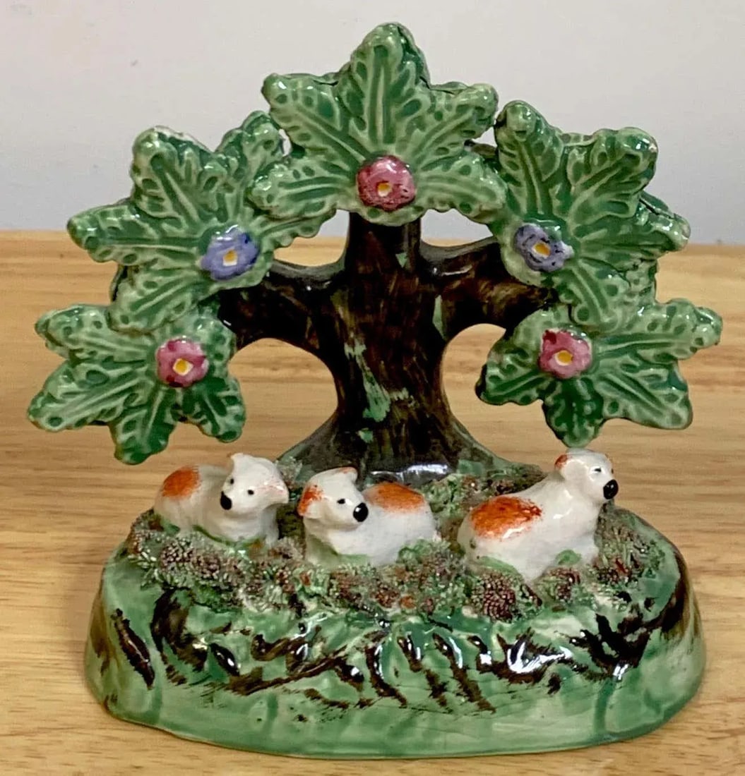 19th Century Staffordshire Pearlware Bocage Pack of Red Spaniel Puppies/ Sheep - 3