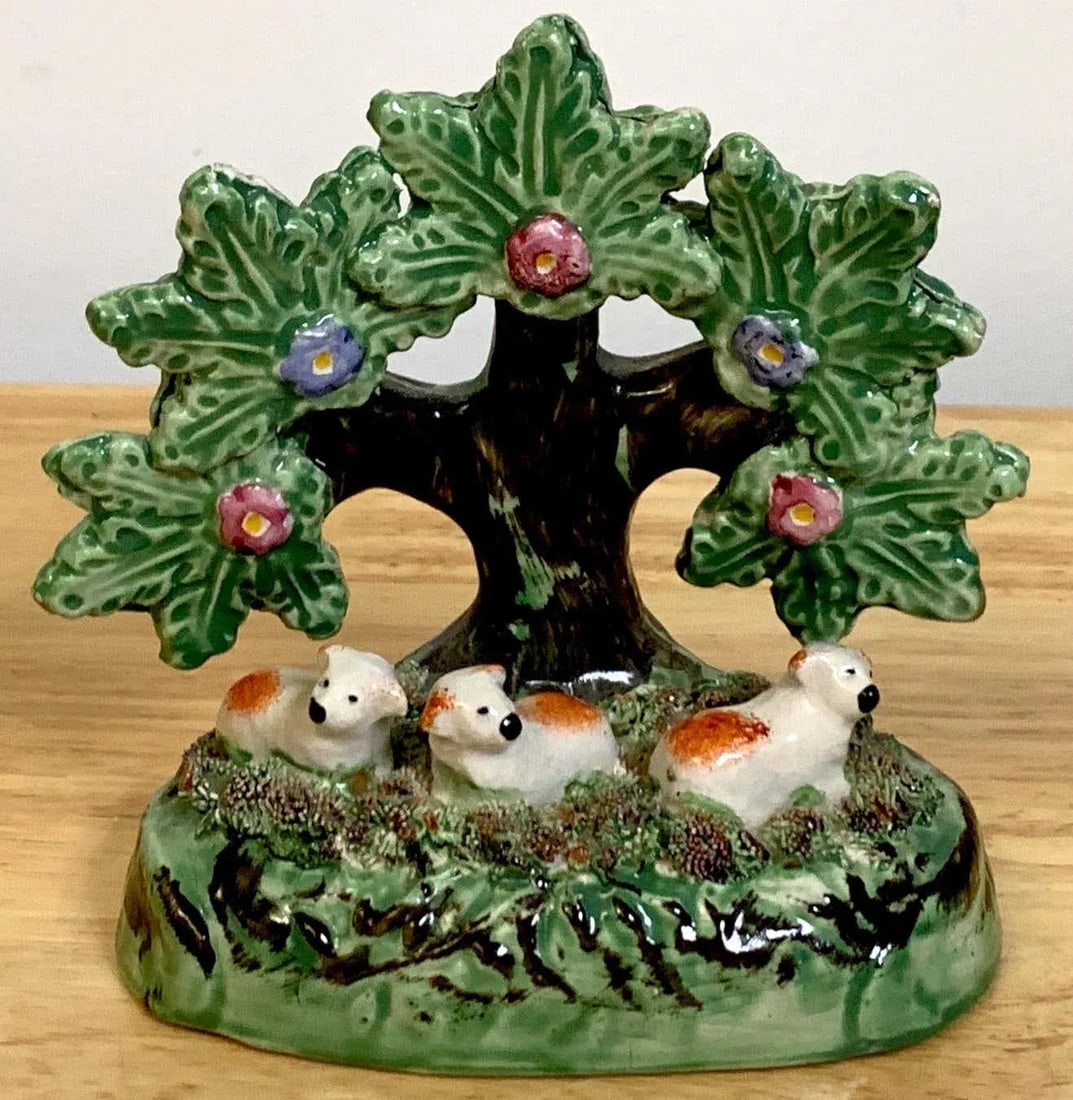 19th Century Staffordshire Pearlware Bocage Pack of Red Spaniel Puppies/ Sheep - 5