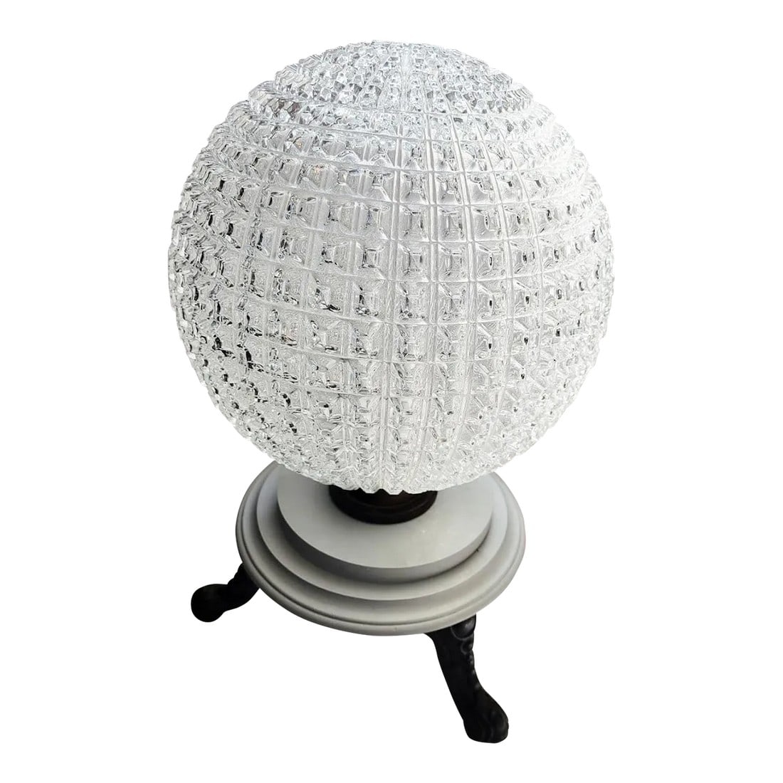 1950s Large Holophane Glass Globe Table Lamp: Large Holophane Glass Globe Table Lamp, in Very Good conditions. Sunning architectural feature of three cast iron legs / feet off the table base. Glass Sphere in pristine condition. Excellent ambient