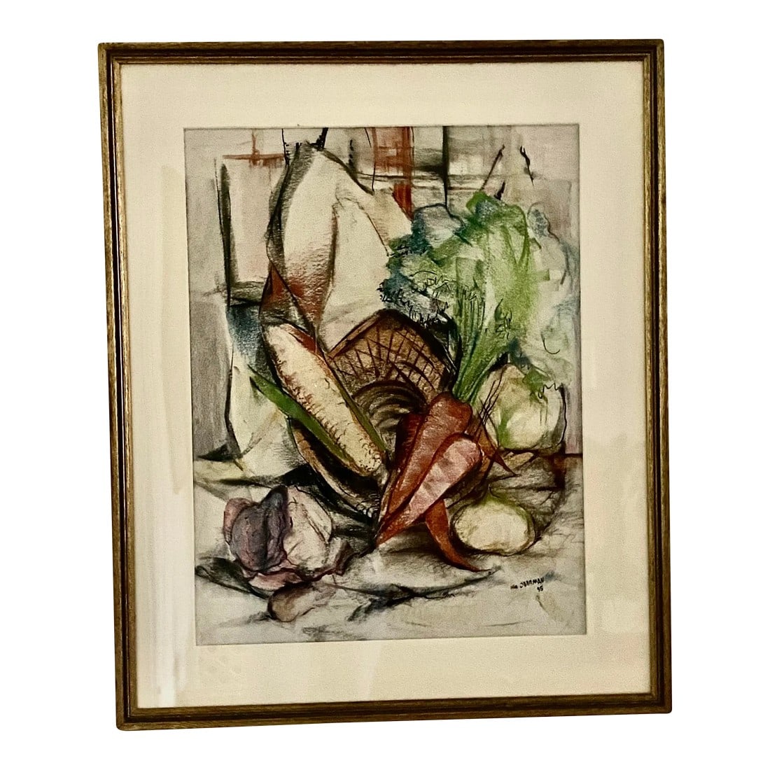 Original 1955 Still Life by William Oberman – Colored Charcoal, Framed: Original 1955 Still Life by William Oberman – Colored Charcoal, Framed This vibrant still life of vegetables, drawn in colored charcoal by William Oberman in 1955, showcases the artist's skill