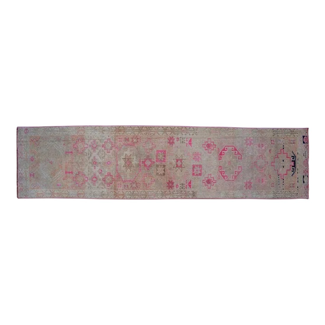 1960s Hand Knotted Kurdish Tribal Low Pile Muted Short Runner Rug: Offered is a gorgeous Kurdish runner rug, made in Hakkari approximately 50-60 years ago. The beautiful wool on wool pile features multicolored geometric patterns on a tan background. Dimension: 27.6" 