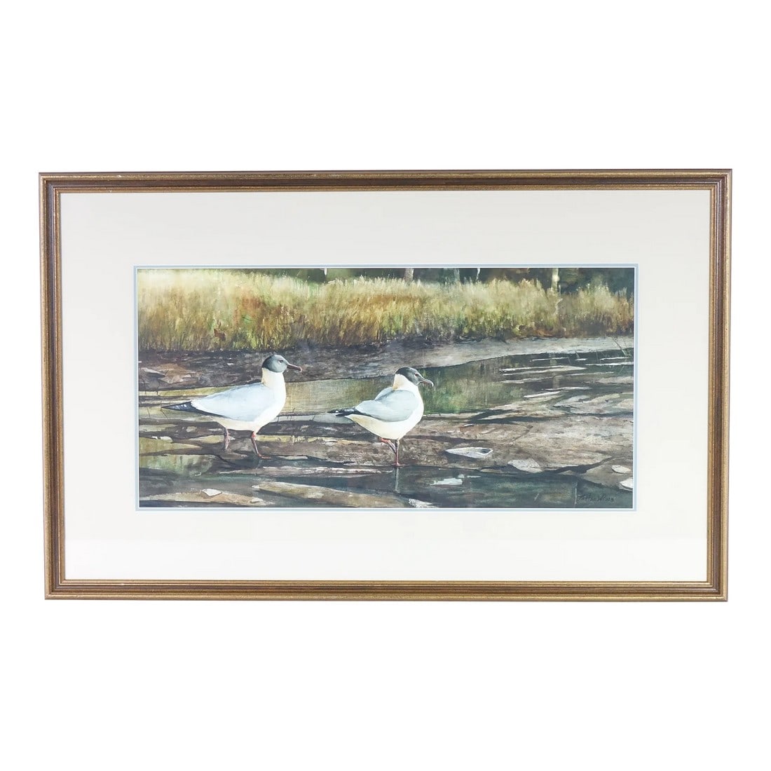 Two in the Tides - Late 19th Century Landscape Painting With Birds, Original Watercolor on Paper,: A serene and naturalistic scene unfolds in this original watercolor painting, where two white shorebirds stand quietly at the edge of a calm marshland. Painted by the artist Patton Wilson with