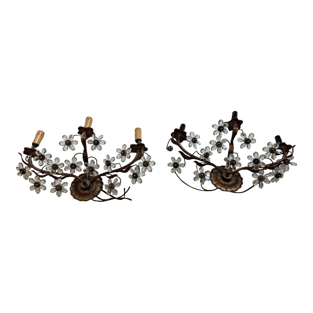 Italian 3 Arm Sconces Encrusted With Crystal Flowers -A Pair (1 of 10)