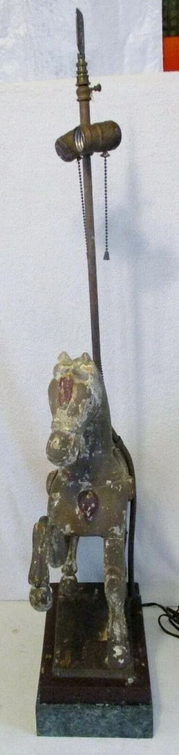 1920s Hand Carved Wooden Dynasty Tang Horse Table Lamp - 8