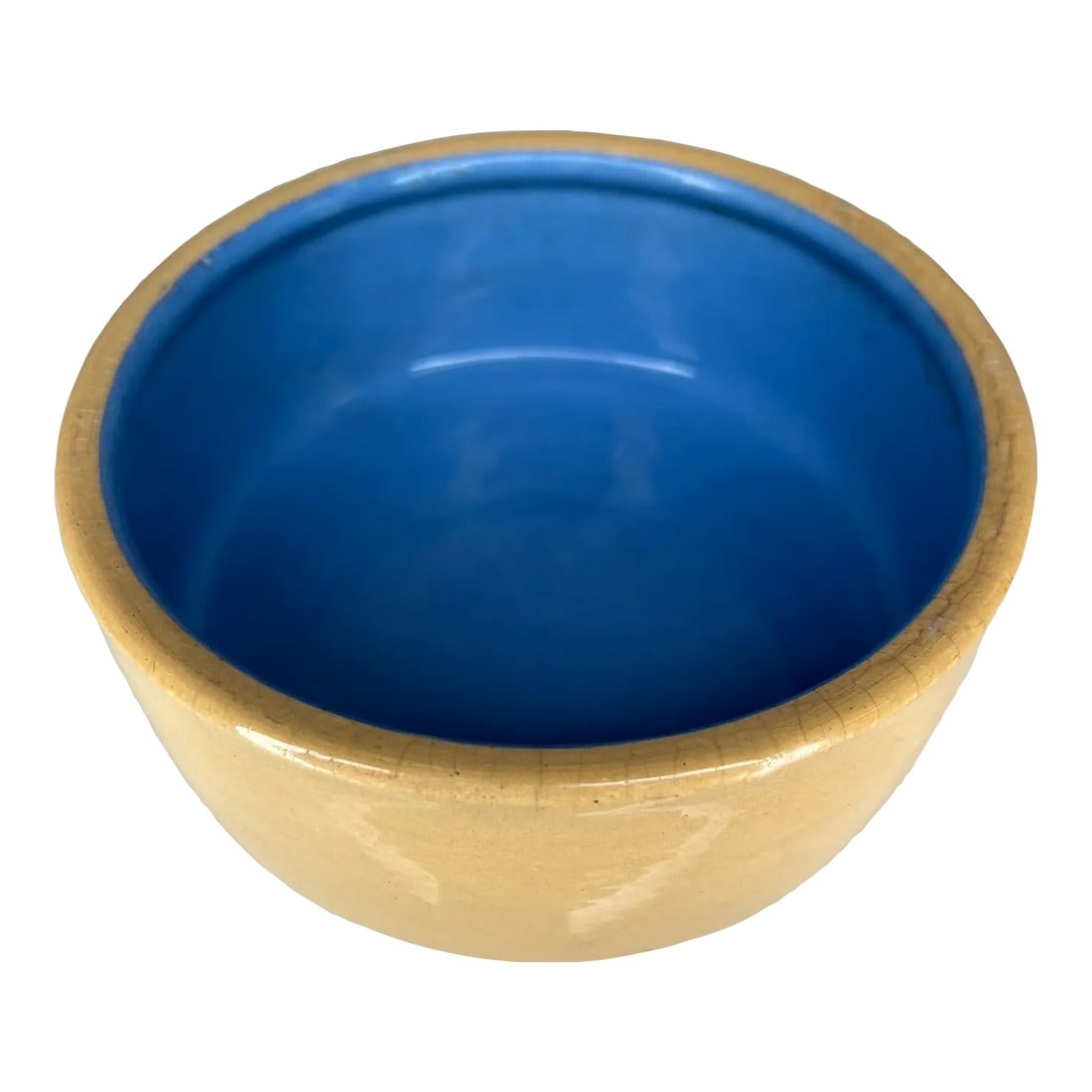 1960s Glazed Blue & Tan Ceramic Bowl English Art Pottery: AMBIANIC presents 1960s Vintage Dreamy Blue and Tan Beige Ceramic Bowl made in England 6 diameter x 2.38 tall Beautiful color combination MADE IN ENGLAND, stamp underneath. Preowned unrestored vintage