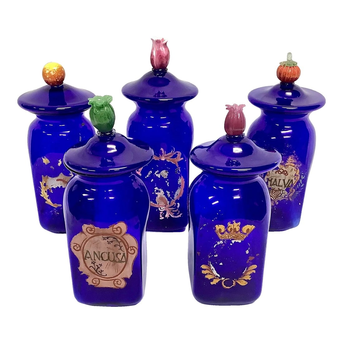 Set of 5 Large Vintage Venetian Glass Apothecary Jars With Lids and Fruit Handles (1 of 9)