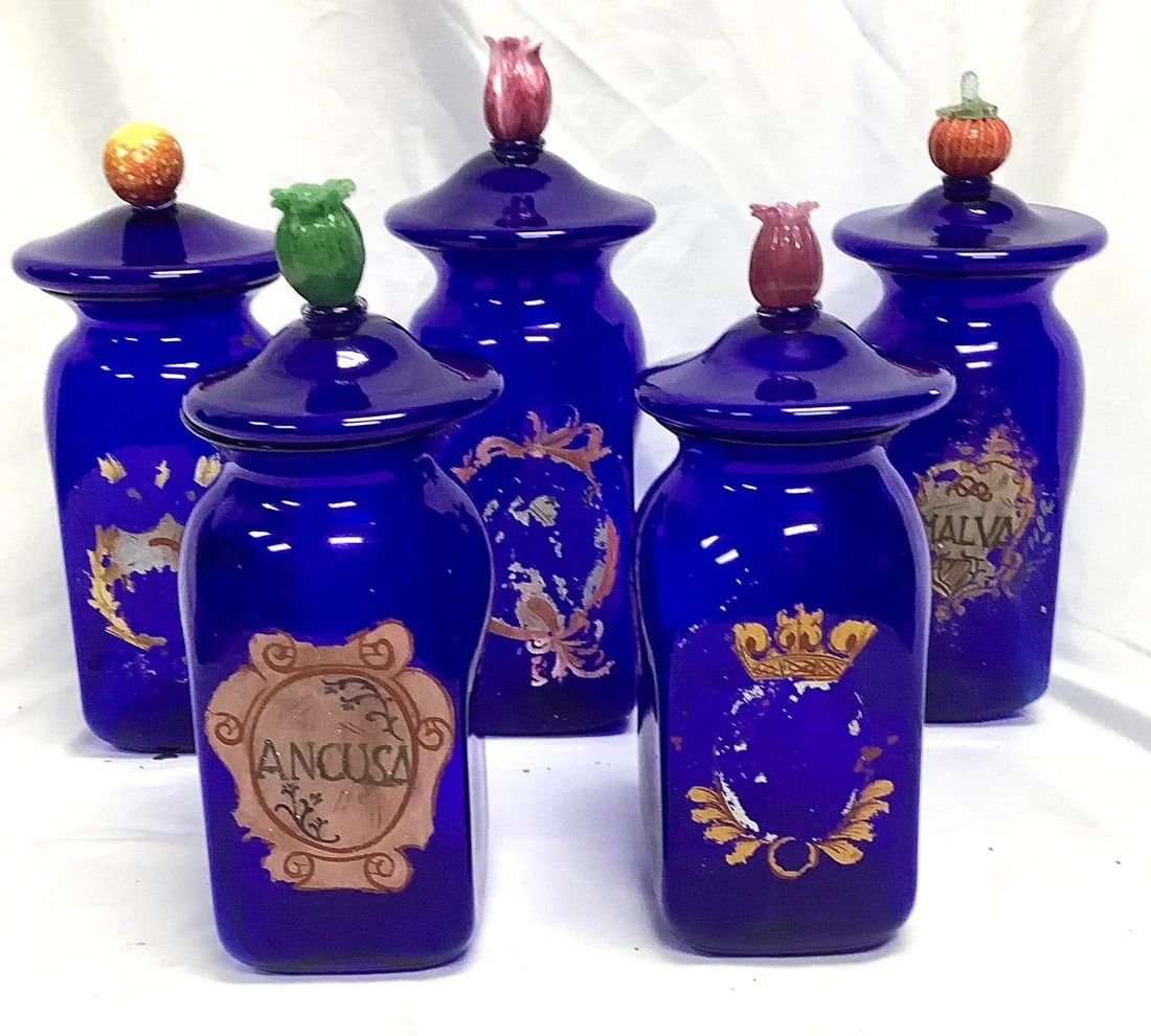Set of 5 Large Vintage Venetian Glass Apothecary Jars With Lids and Fruit Handles - 2