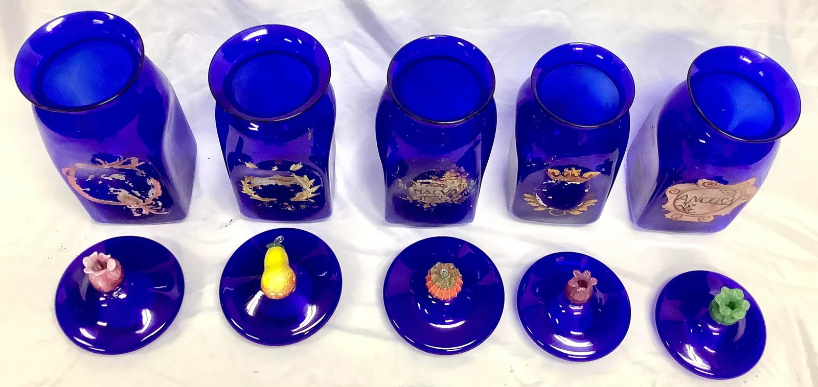 Set of 5 Large Vintage Venetian Glass Apothecary Jars With Lids and Fruit Handles - 3