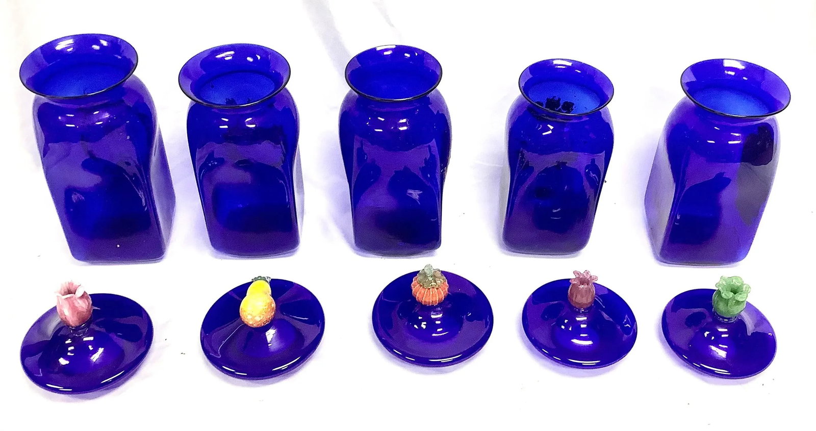 Set of 5 Large Vintage Venetian Glass Apothecary Jars With Lids and Fruit Handles - 4