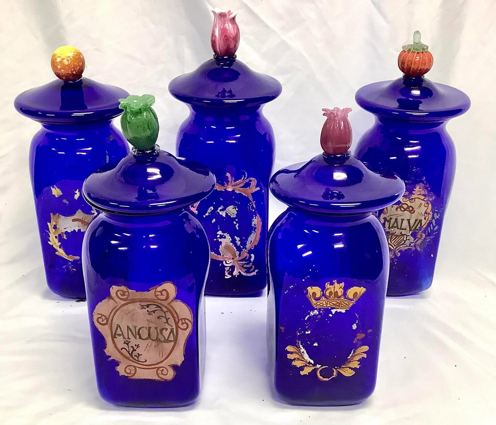 Set of 5 Large Vintage Venetian Glass Apothecary Jars With Lids and Fruit Handles - 9