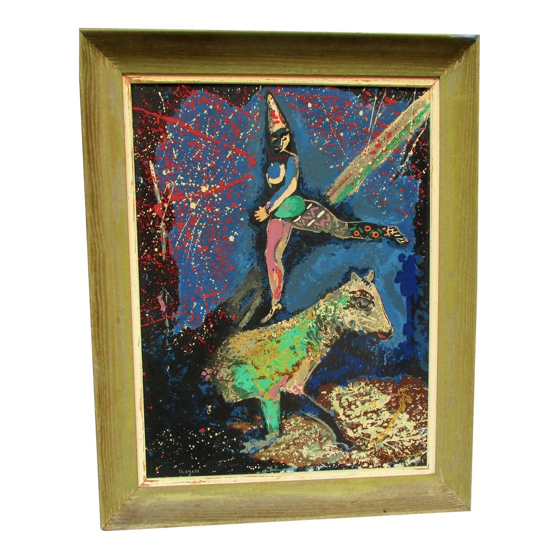 Marc Chagall Le Cirque Art Print Vintage 1950s': Marc Chagall's art print of Le Cirque, vintage mid-century art print in period frame. The Cirque theme was painted on multiple artworks, the performers on horseback in the bright modern expressionist 