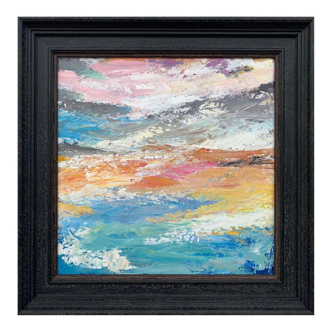 Abstract Beach Seascape Landscape Light Colours - Unique Original Art by Contemporary British Artist: Abstract Beach Seascape Landscape Light Colours by Contemporary British Artist Angela Wakefield Art measures 20 x 20 inches Frame measures 26 x 26 inches Angela Wakefield has twice been on the front c