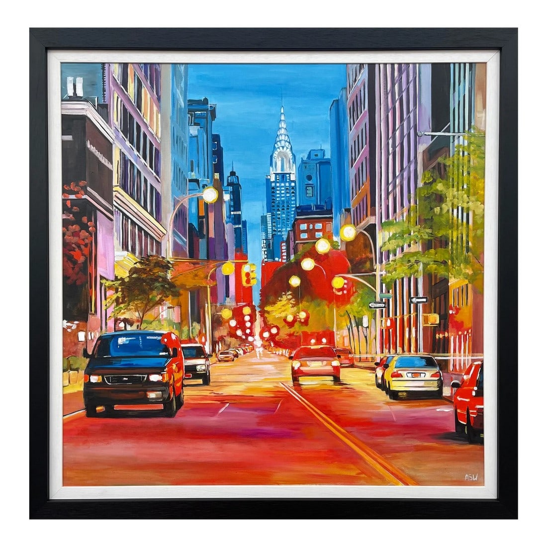Painting of the Chrysler Building New York City - Unique Original Art by Contemporary British Artist: Painting of Chrysler Building New York City by Contemporary British Artist Angela Wakefield Art measures 31.5 x 31.5 inches Frame measures 36 x 36 inches Angela Wakefield has twice been on the front c