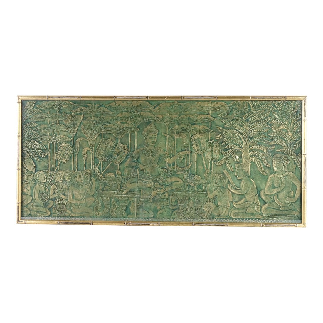 The Emperor - Antique Monochromatic Large Asian Original Relief Print: This stunning antique relief print, titled "The Emperor," presents a breathtaking portrayal of imperial serenity, beautifully crafted in a monochromatic green hue. The intricacy of the scene