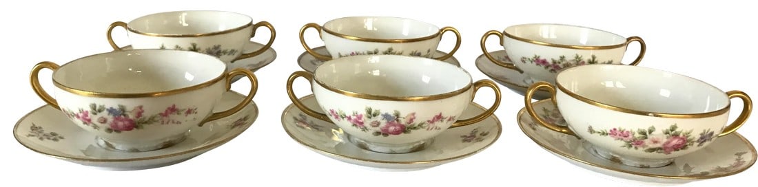 1970s Limoges French Bouillon Bowl & Saucers: Gorgeous collection of pink roses details on these Limoges Cream Soup Bouillon Gerard et Dufraiuseix, made in France. Plates H: .7" W: 5.5" D: 5.5" Dimensions 5.5ÊºW × 4ÊºD