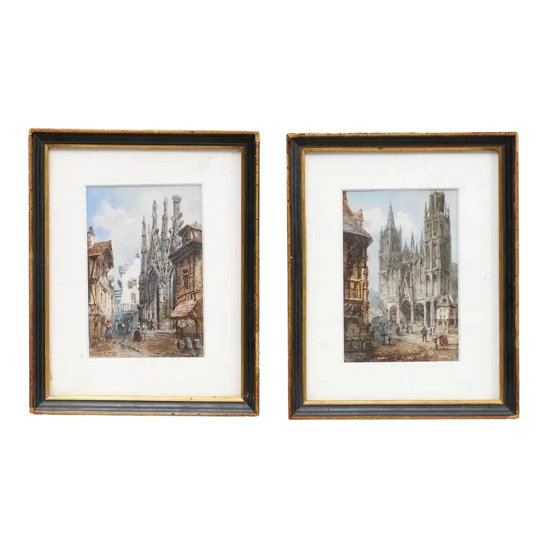 Framed Watercolors Depicting Gothic Churches by Théodore Henri Mansson - A Pair: A pair of French framed watercolors from the mid 19th century by Théodore Henri Mansson depicting Gothic churches in medieval settings. Created in France by talented and tireless traveler