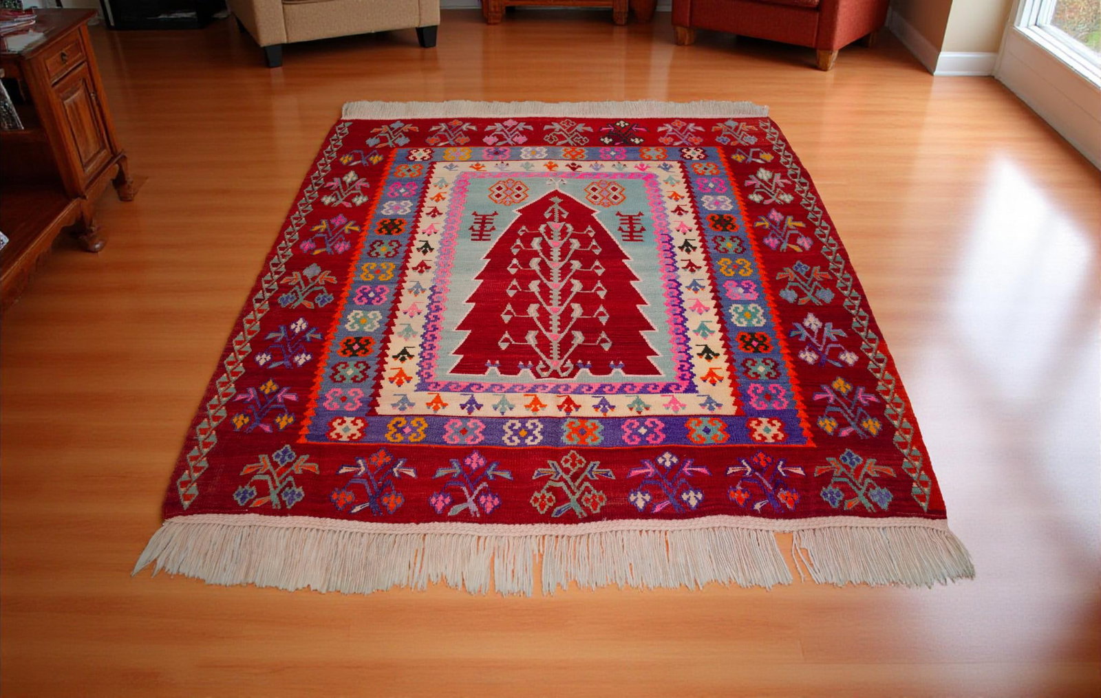 Ultra-Rare 1940s Turkish Ordu Kilim With Tree of Life – Handwoven Wool Flat Weave – - 3