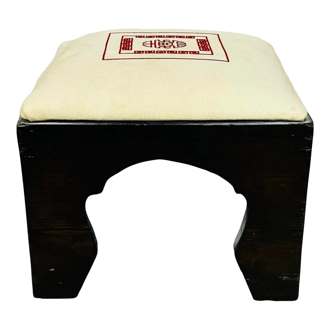 Mid Century Chinoiserie Footstool With Handmade Needlework Design: Mid Century stool with chinoiserie needlework design in red. Some staining on fabric. Sturdy. Measures 10" square x 8" h. Condition: Alterations: Original Condition Unaltered Imperfections: Some
