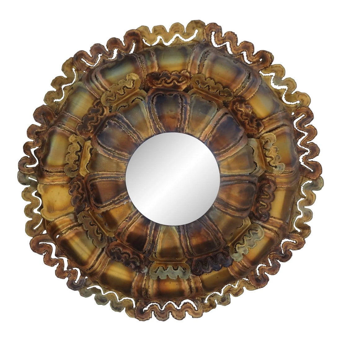 Mid Century Brutalist Torch Cut Mixed Metal Convex Mirror: Mid Century Brutalist Torch Cut Mixed Metal Convex Mirror. This Stunning Brutalist Convex Mirror Or Sunburst Mirror Was Executed In Mixed Metals In A Very Interesting Design. Condition: Alterations: O