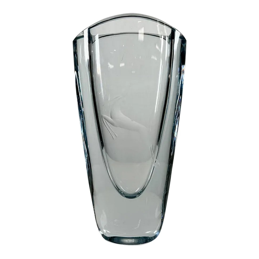 1950s Gunnar Nyland Strombergshyttan Vase Gazelle Crystal Art Glass Sweden: AMBIANIC presents 1950s Strombergshyttan vase gazelle crystal art glass Gunnar Nyland Sweden 3.13 D x 4.5 W x 9.25 H Vintage Swedish glass handmade etching. Small nick on upper inner section; hard to