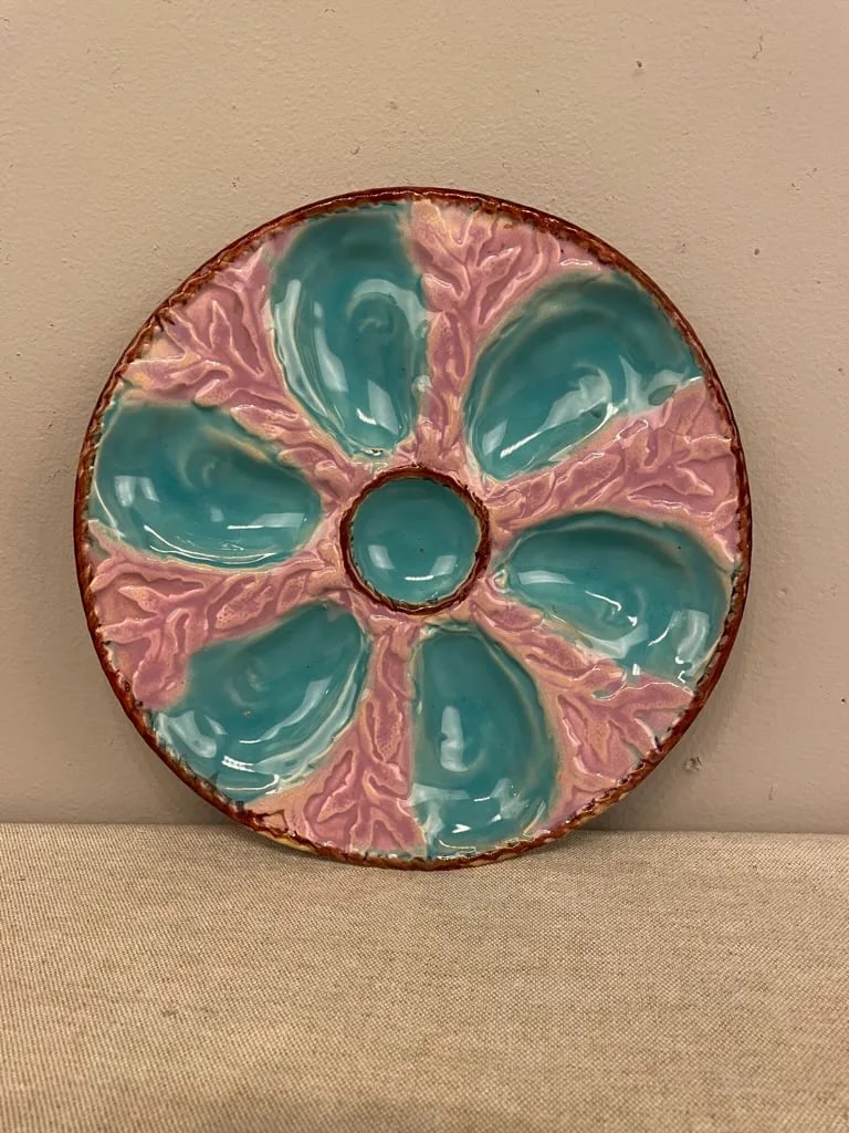 A 19th C English Oyster Plate With Six-Well Majolica Glazed Oyster Plate by Fielding & Co. Ltd., - 12