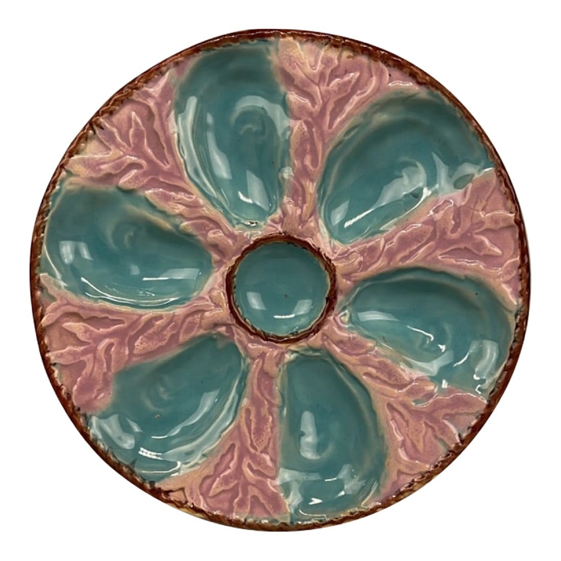 A 19th C English Oyster Plate With Six-Well Majolica Glazed Oyster Plate by Fielding & Co. Ltd.,: A 19th c English Oyster Plate with six-well majolica glazed oyster plate by Fielding & Co. Ltd., Stoke-on-Trent, England, circa 1875-1880.. Turquoise oyster wells surround a center well. A chocolate