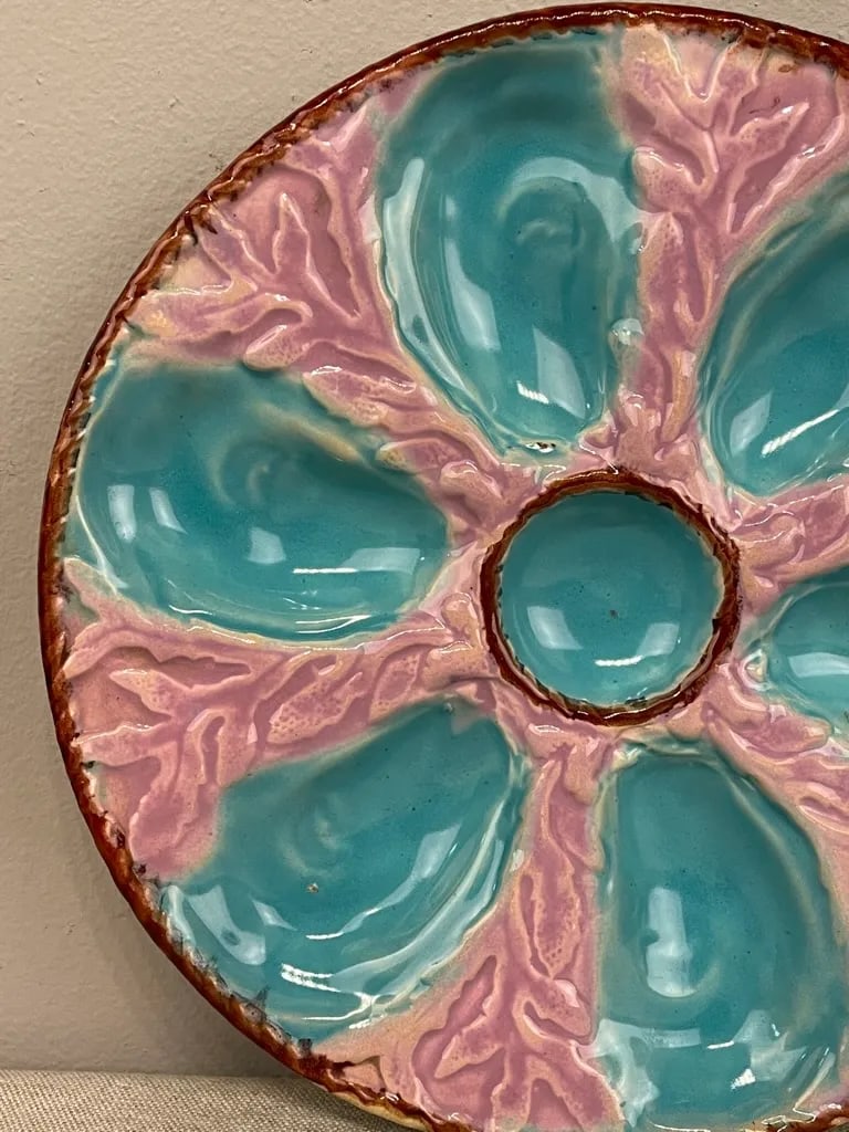 A 19th C English Oyster Plate With Six-Well Majolica Glazed Oyster Plate by Fielding & Co. Ltd., - 2