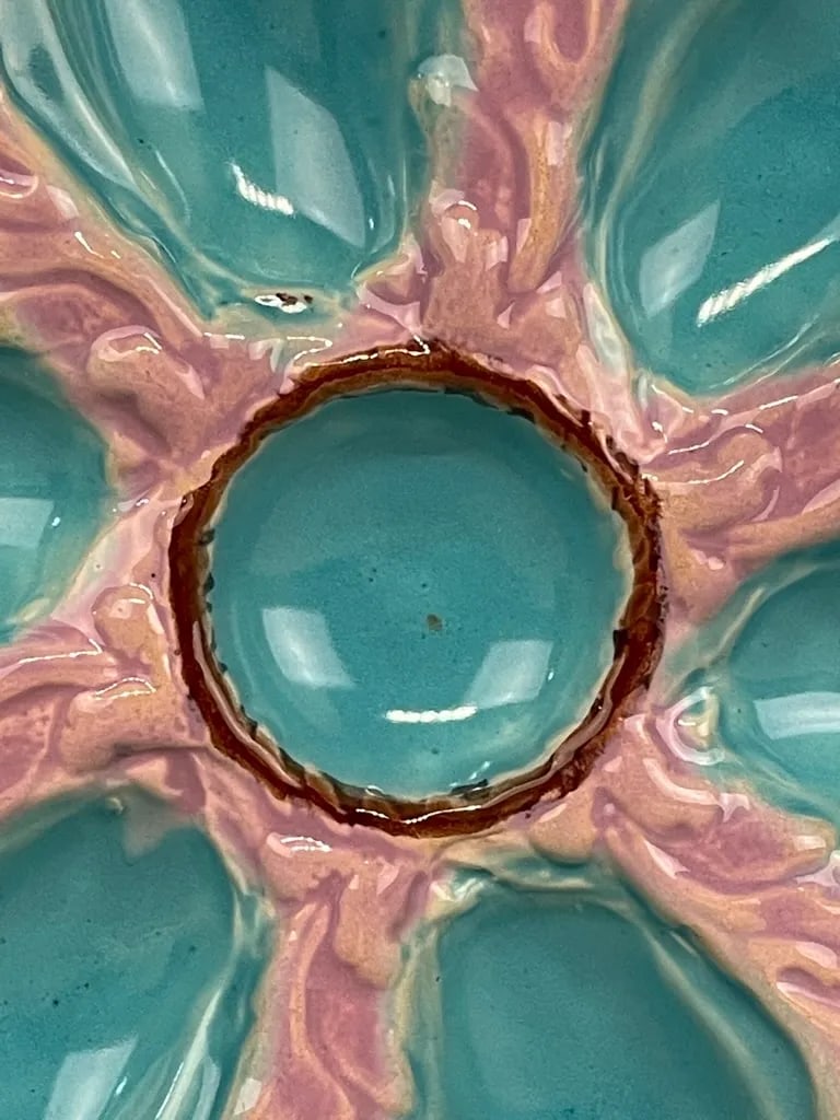 A 19th C English Oyster Plate With Six-Well Majolica Glazed Oyster Plate by Fielding & Co. Ltd., - 3