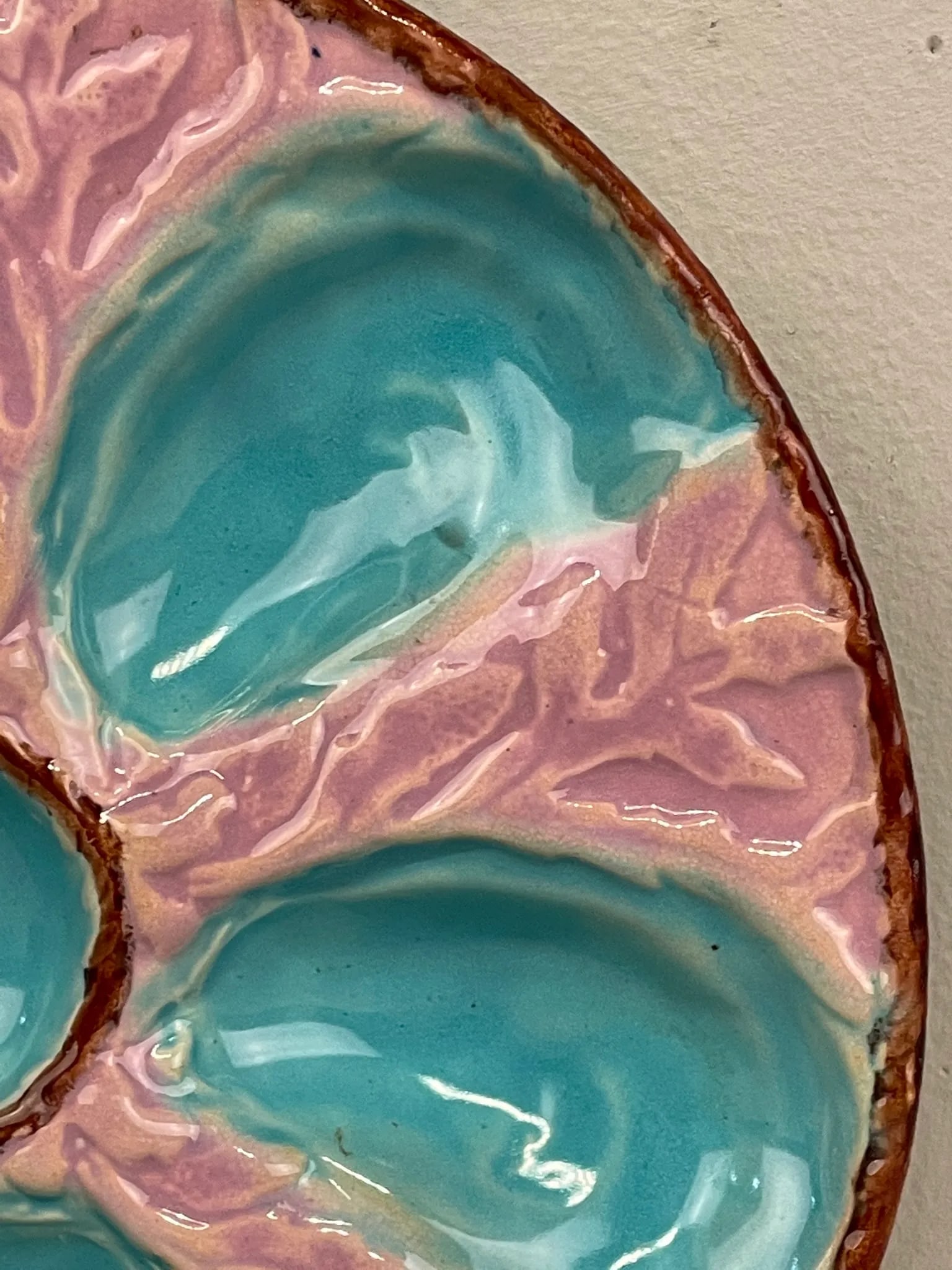 A 19th C English Oyster Plate With Six-Well Majolica Glazed Oyster Plate by Fielding & Co. Ltd., - 4