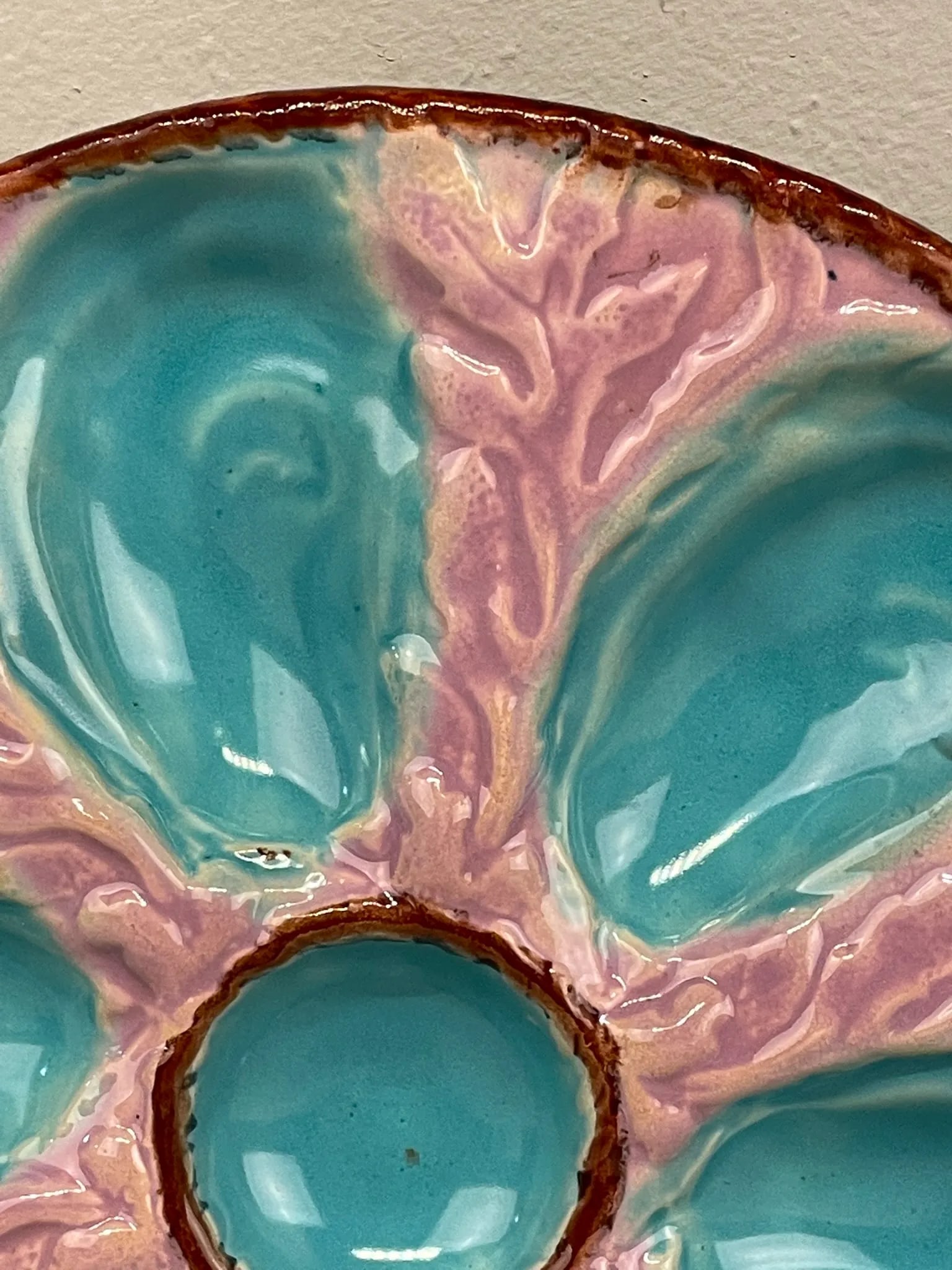 A 19th C English Oyster Plate With Six-Well Majolica Glazed Oyster Plate by Fielding & Co. Ltd., - 5